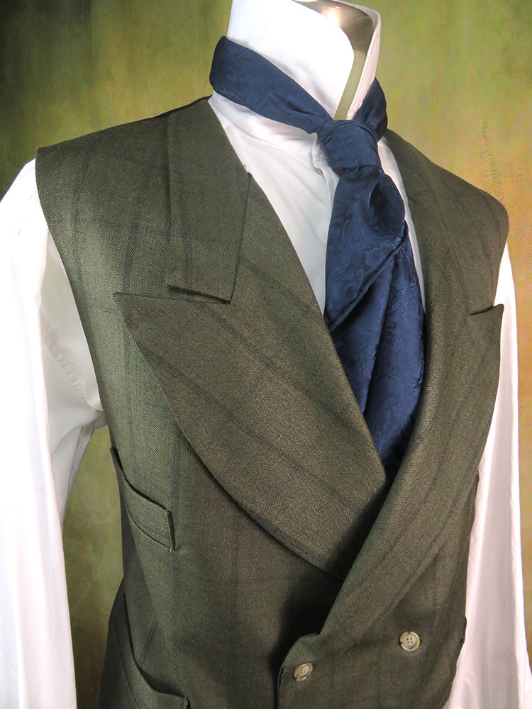 Men's Double Breasted Vests - Greyish Blue Variegated Herringbone with Royal Blue Accent