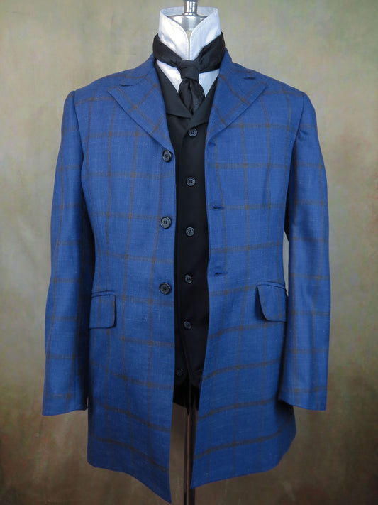 Men's Town Coat - Cobalt Blue and Dark Windowpane Linen Wool Blend #990B