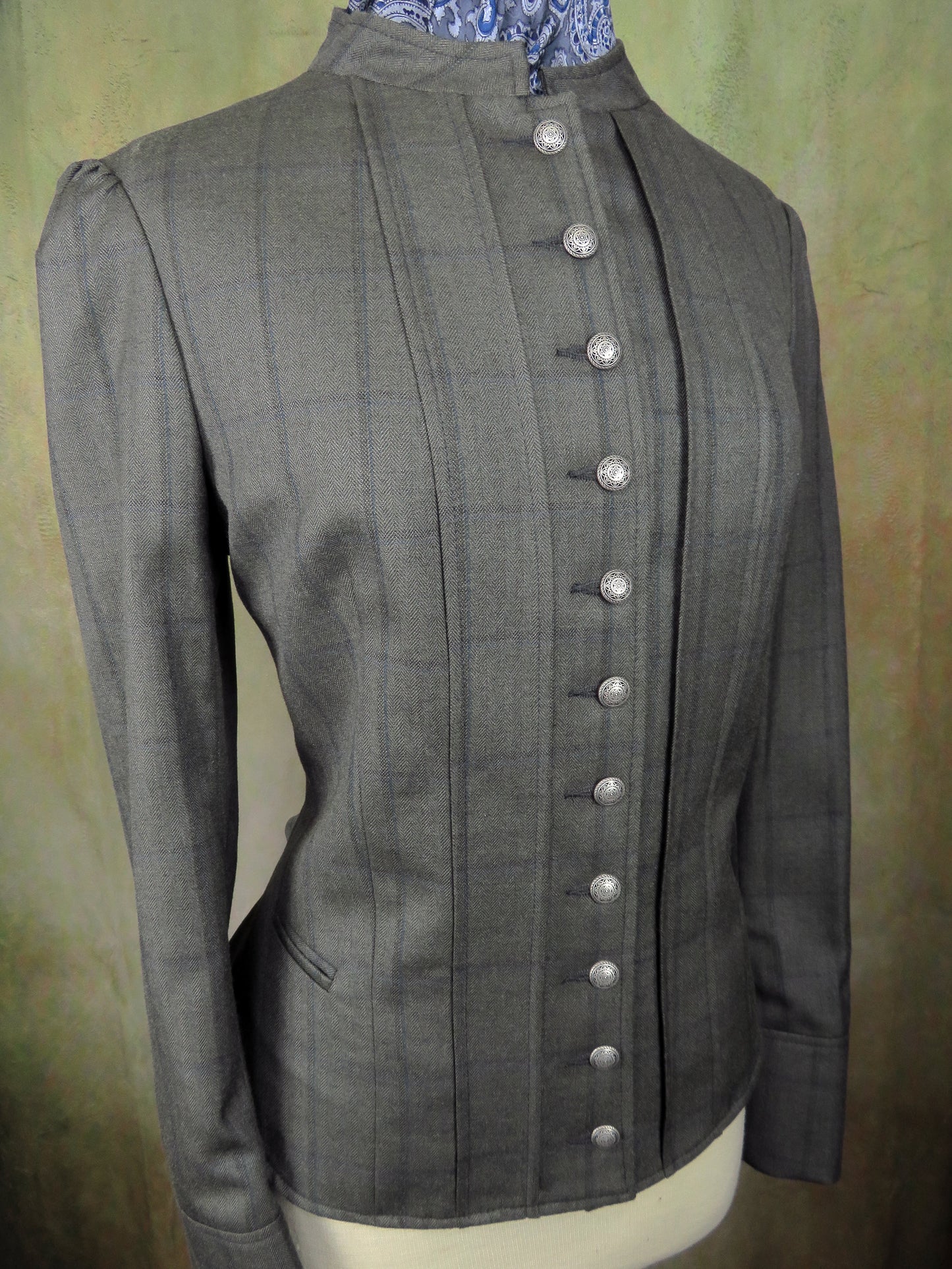 Women's Victoriana Jacket - Olive with Blue Windowpane