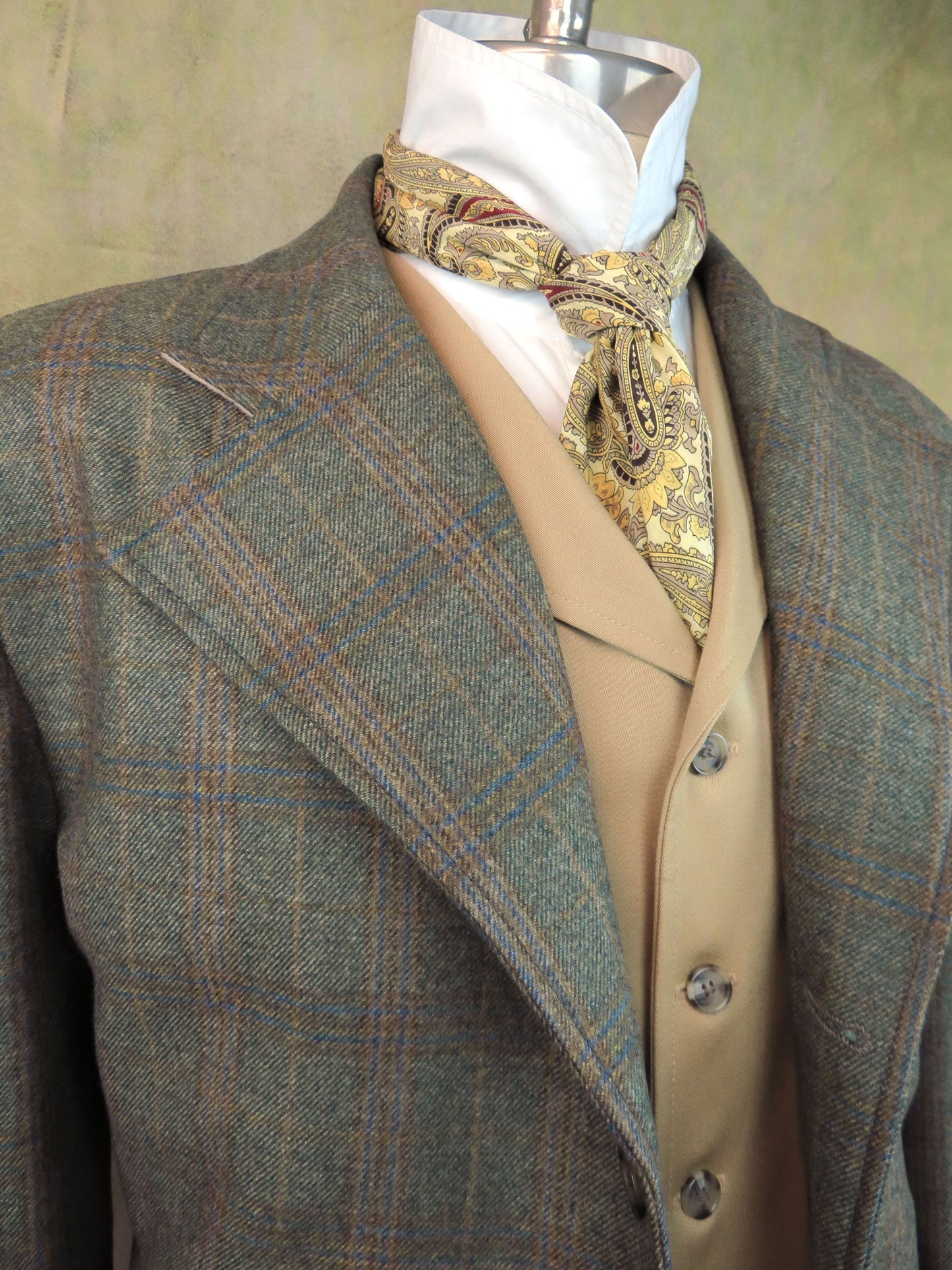Men's Frock Coat - Green with Tan, Blue and Brown Windowpane