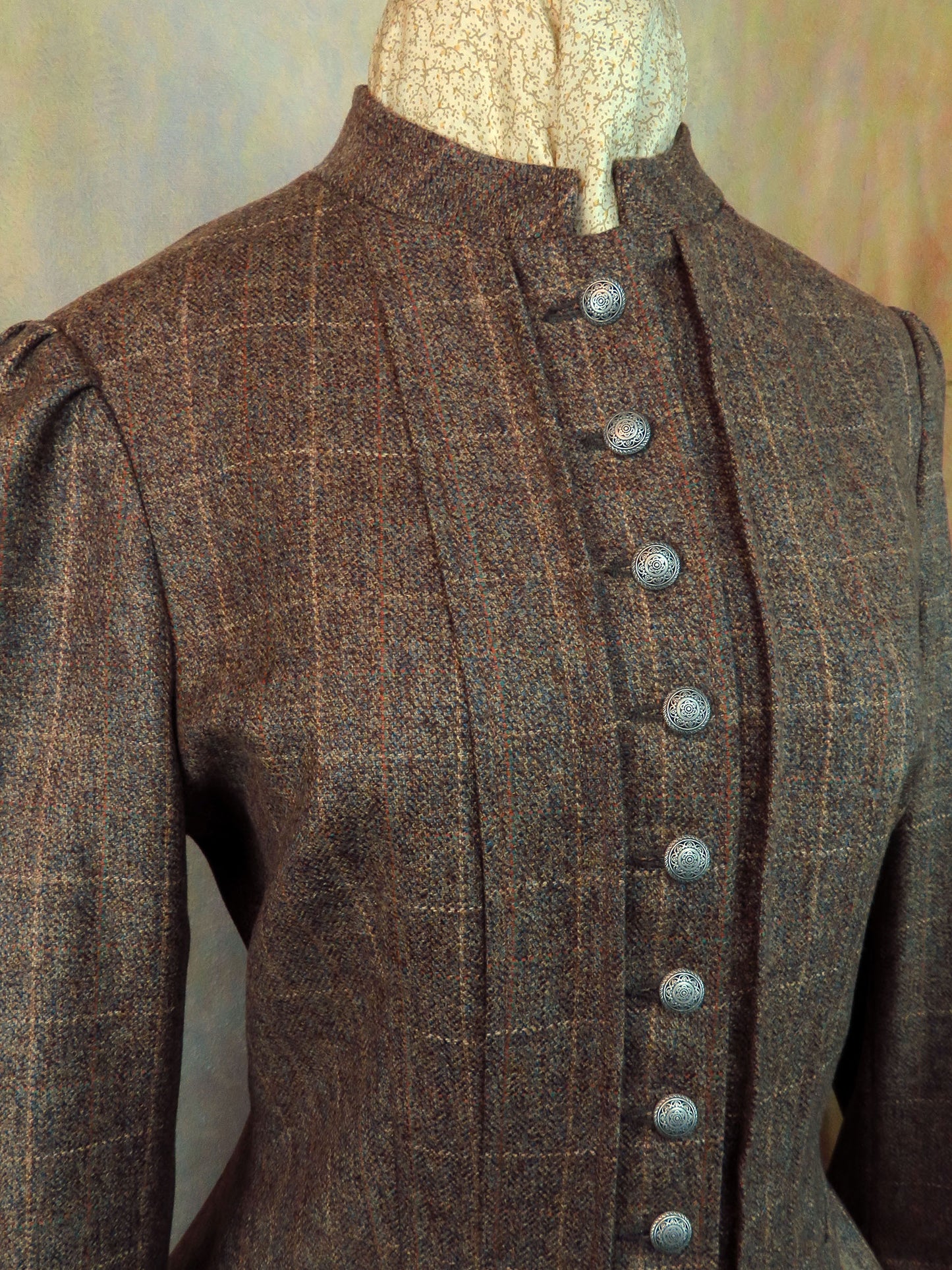 Women's Victoriana Jacket - Brown Tweed with Rust, Tan and Teal Windowpane #2125