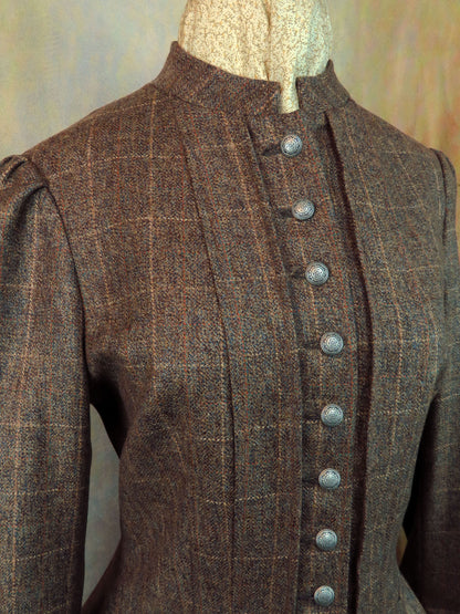 Women's Victoriana Jacket - Brown Tweed with Rust, Tan and Teal Windowpane #2125