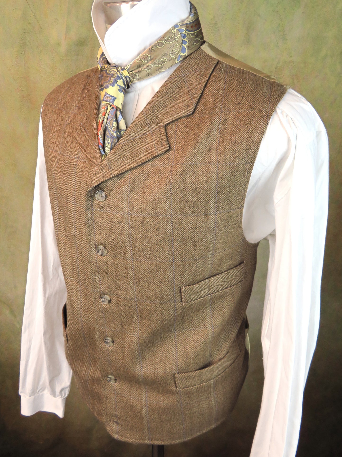 Men's Notch Vest - Dark Tan Herringbone with Blue Accent #564-B