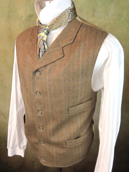 Men's Notch Vest - Dark Tan Herringbone with Blue Accent #564-B