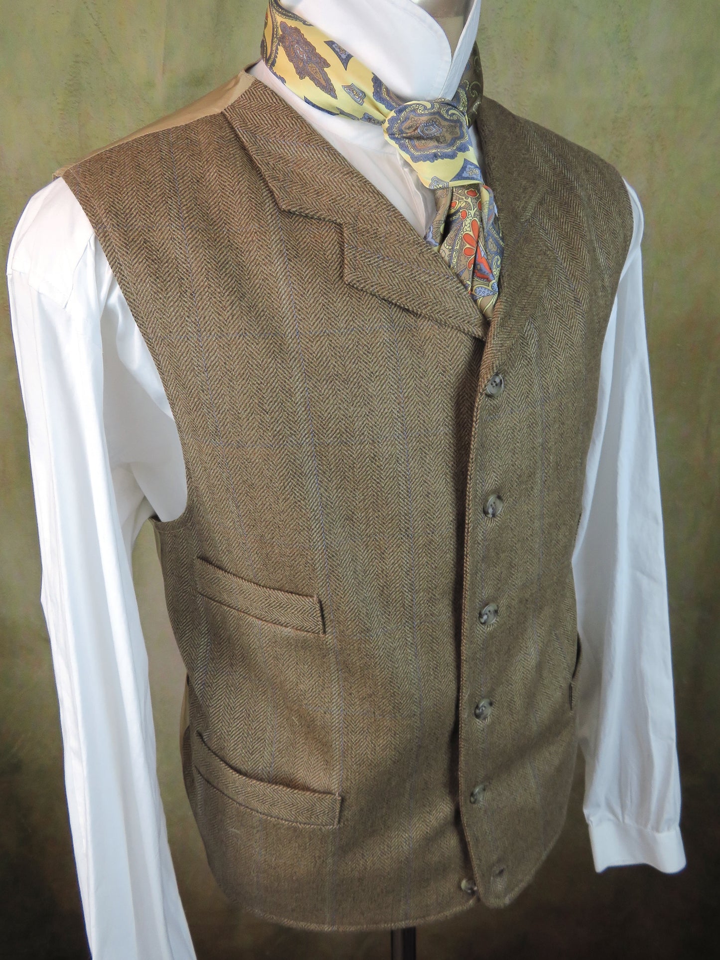 Men's Notch Vest - Dark Tan Herringbone with Blue Accent #564-B