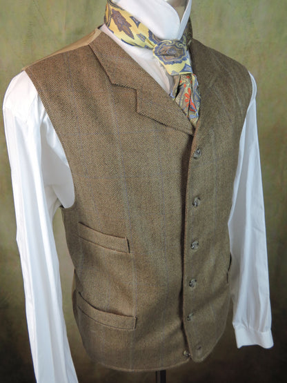 Men's Notch Vest - Dark Tan Herringbone with Blue Accent #564-B