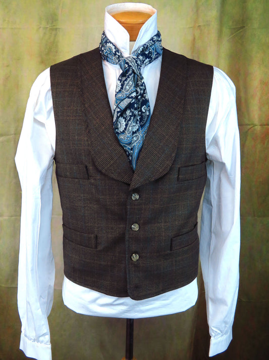 Men's Shawl Vest - Glen Plaid with Copper and Pale Blue Accents