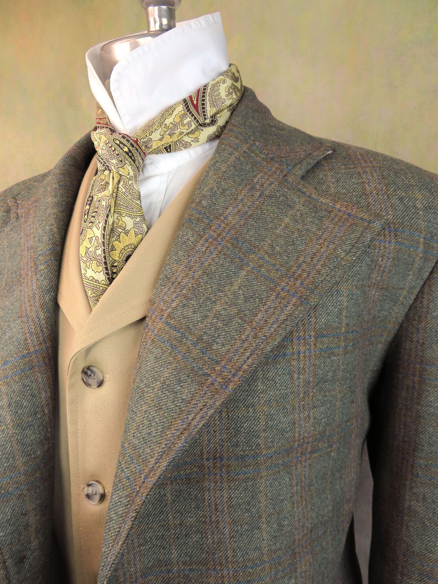 Men's Frock Coat - Green with Tan, Blue and Brown Windowpane