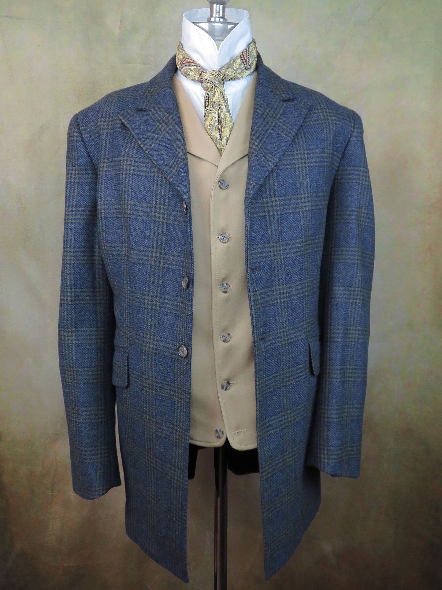 Men's Town Coat - Sapphire Blue Glen Plaid with Olive Accents #989-B