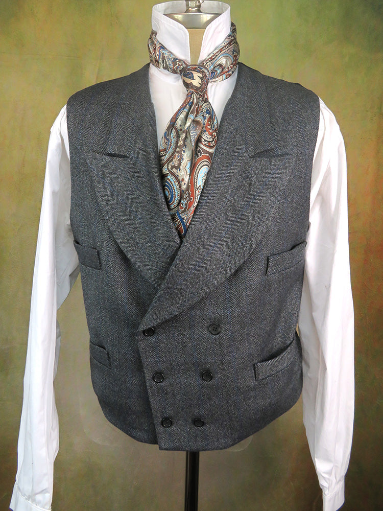 Men's Double Breasted Vest - Dark Grey Herringbone with Blue Accents