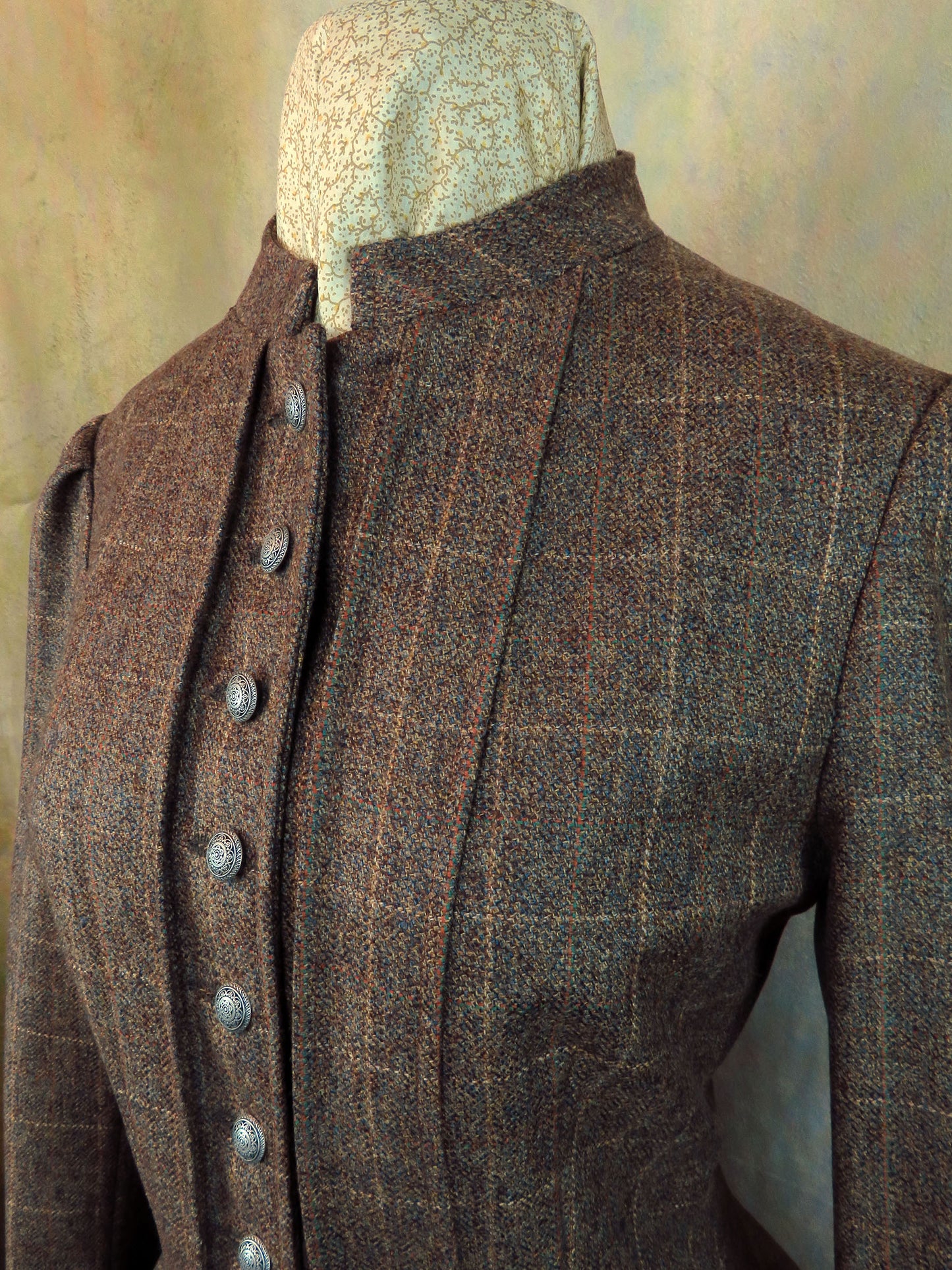 Women's Victoriana Jacket - Brown Tweed with Rust, Tan and Teal Windowpane #2125