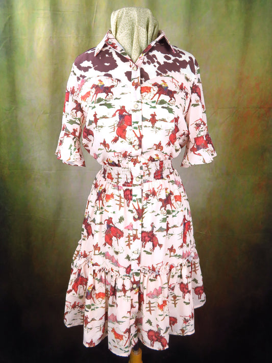 Women's Vintage Ruffle Dress - Western Print with Cow Print Short Sleeve Dress