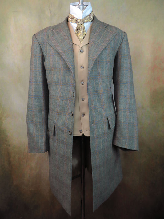 Men's Frock Coat - Green with Tan, Blue and Brown Windowpane