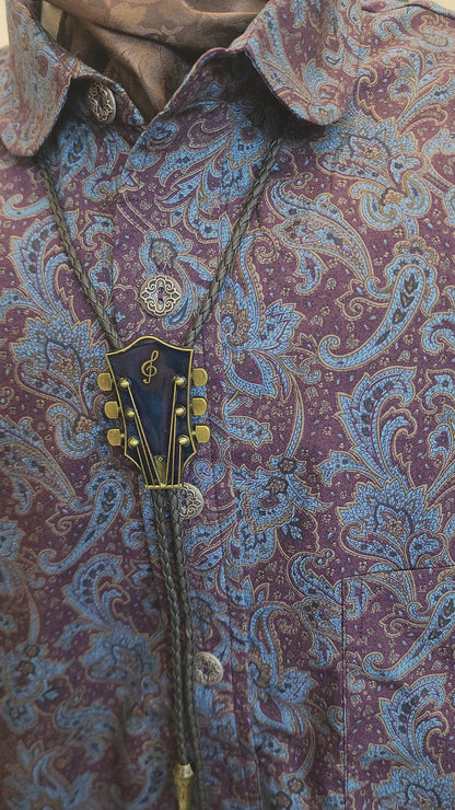 Bolo Tie Guitar Blue and Brass Musical Note