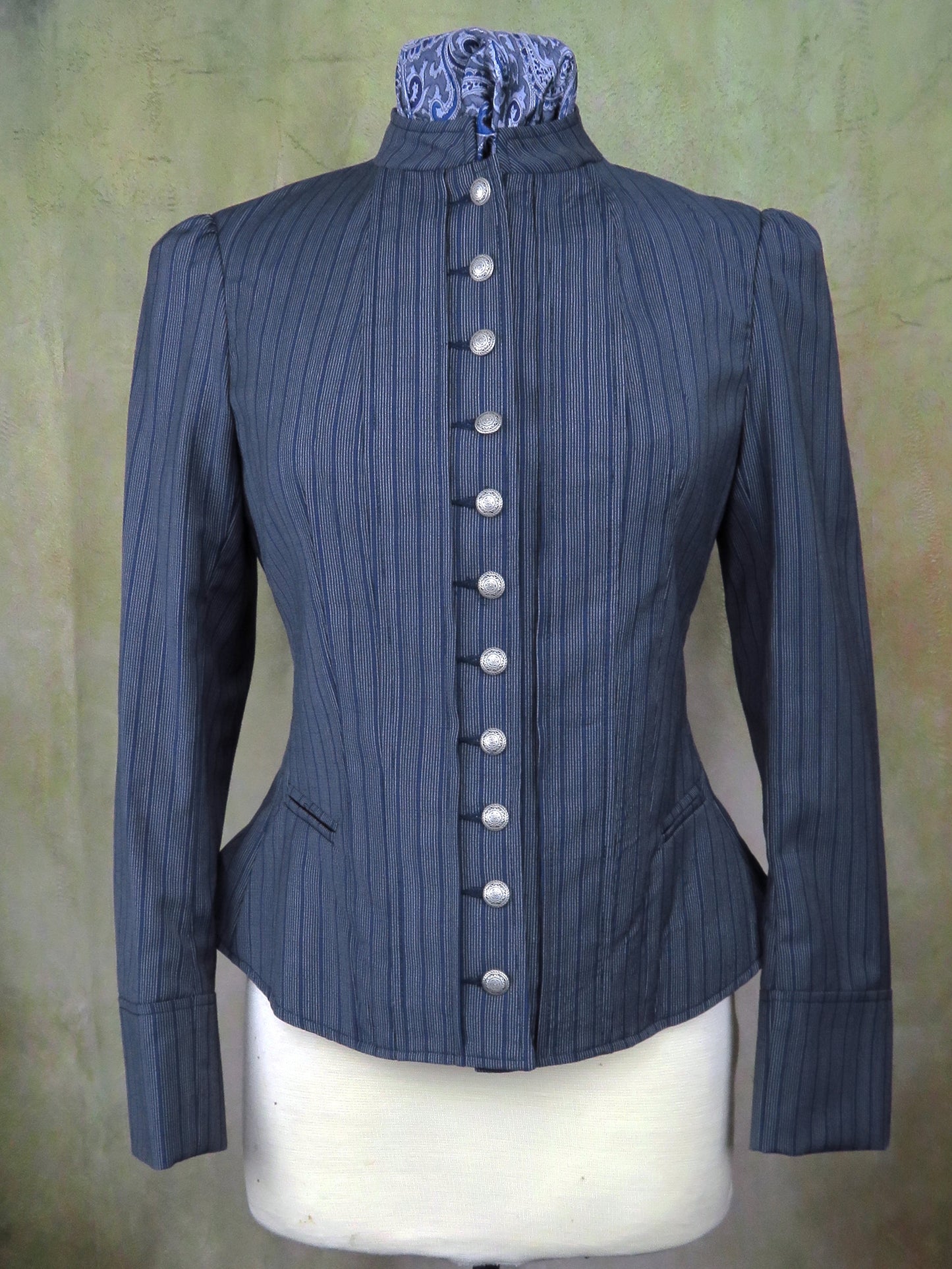 Women's Victoriana Jacket - Blue with Cream Mini Pencil Stripe #706