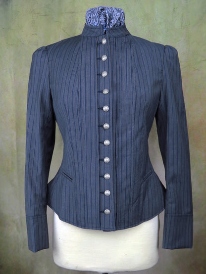 Women's Victoriana Jacket - Blue with Cream Mini Pencil Stripe #706