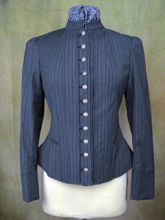 Women's Victoriana Jacket - Blue with Cream Mini Pencil Stripe #706