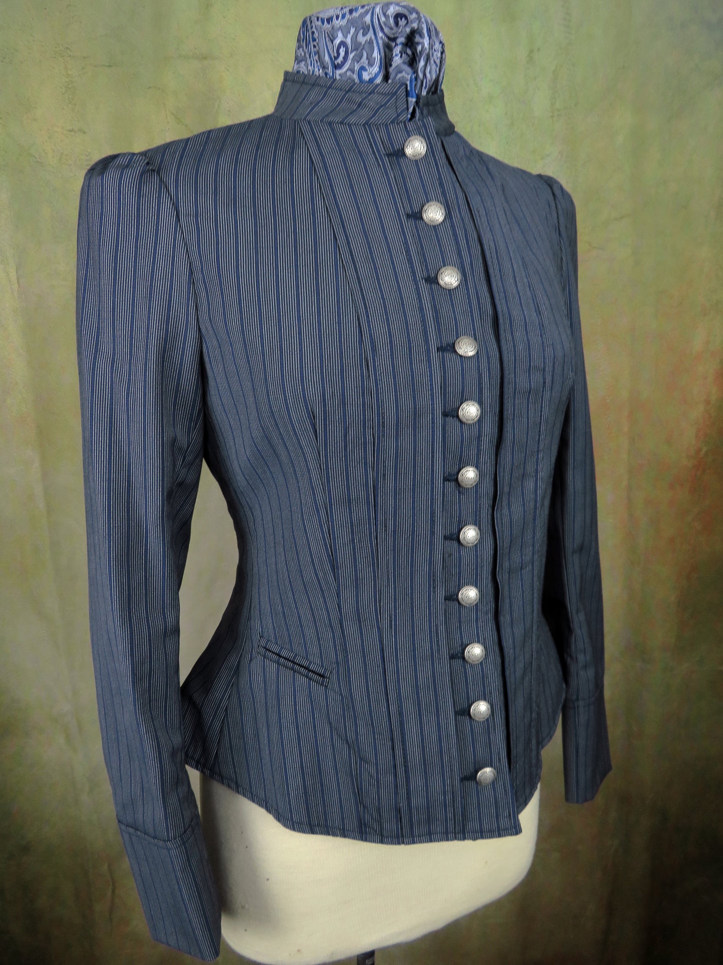 Women's Victoriana Jacket - Blue with Cream Mini Pencil Stripe #706