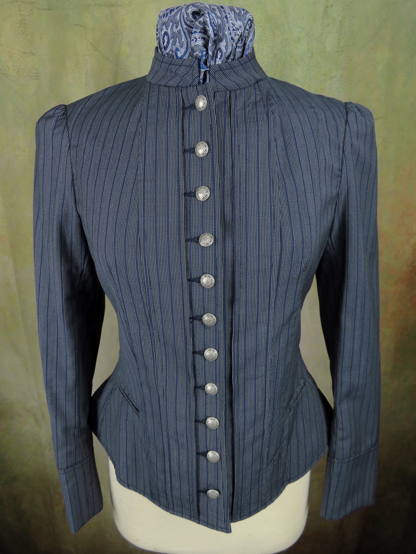 Women's Victoriana Jacket - Blue with Cream Mini Pencil Stripe #706