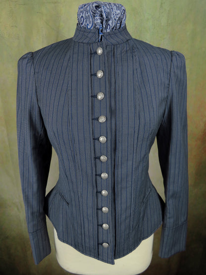Women's Victoriana Jacket - Blue with Cream Mini Pencil Stripe #706