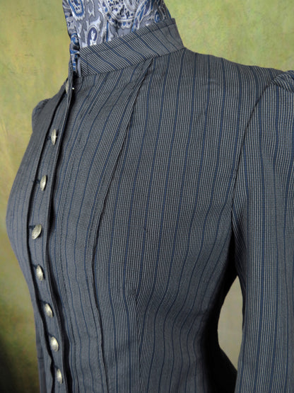 Women's Victoriana Jacket - Blue with Cream Mini Pencil Stripe #706