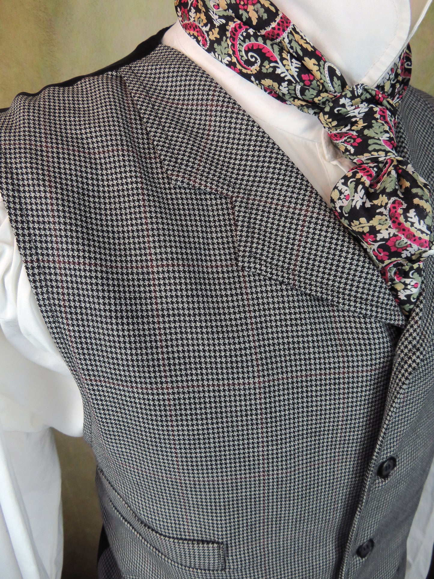 Men's Notch Vest - Black and Grey Herringbone with Red Windowpane #800