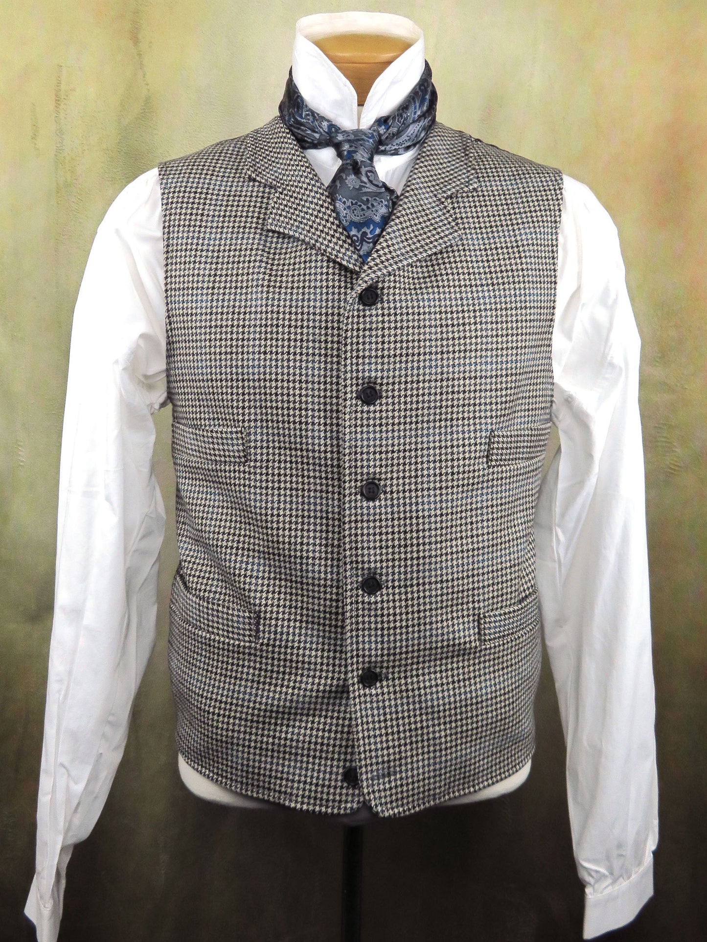 Men's Notch Vest - Ivory and Black Houndstooth with Blue Accents #547