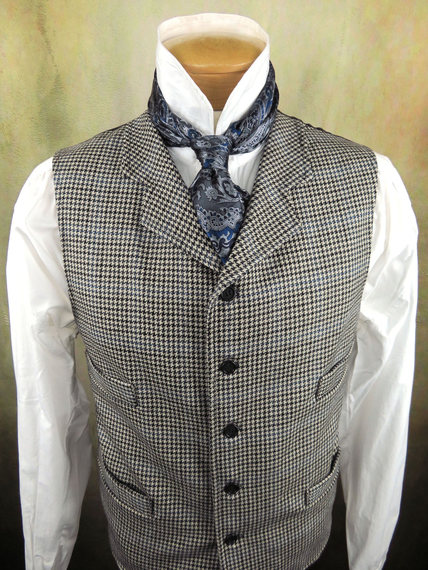 Men's Notch Vest - Ivory and Black Houndstooth with Blue Accents #547