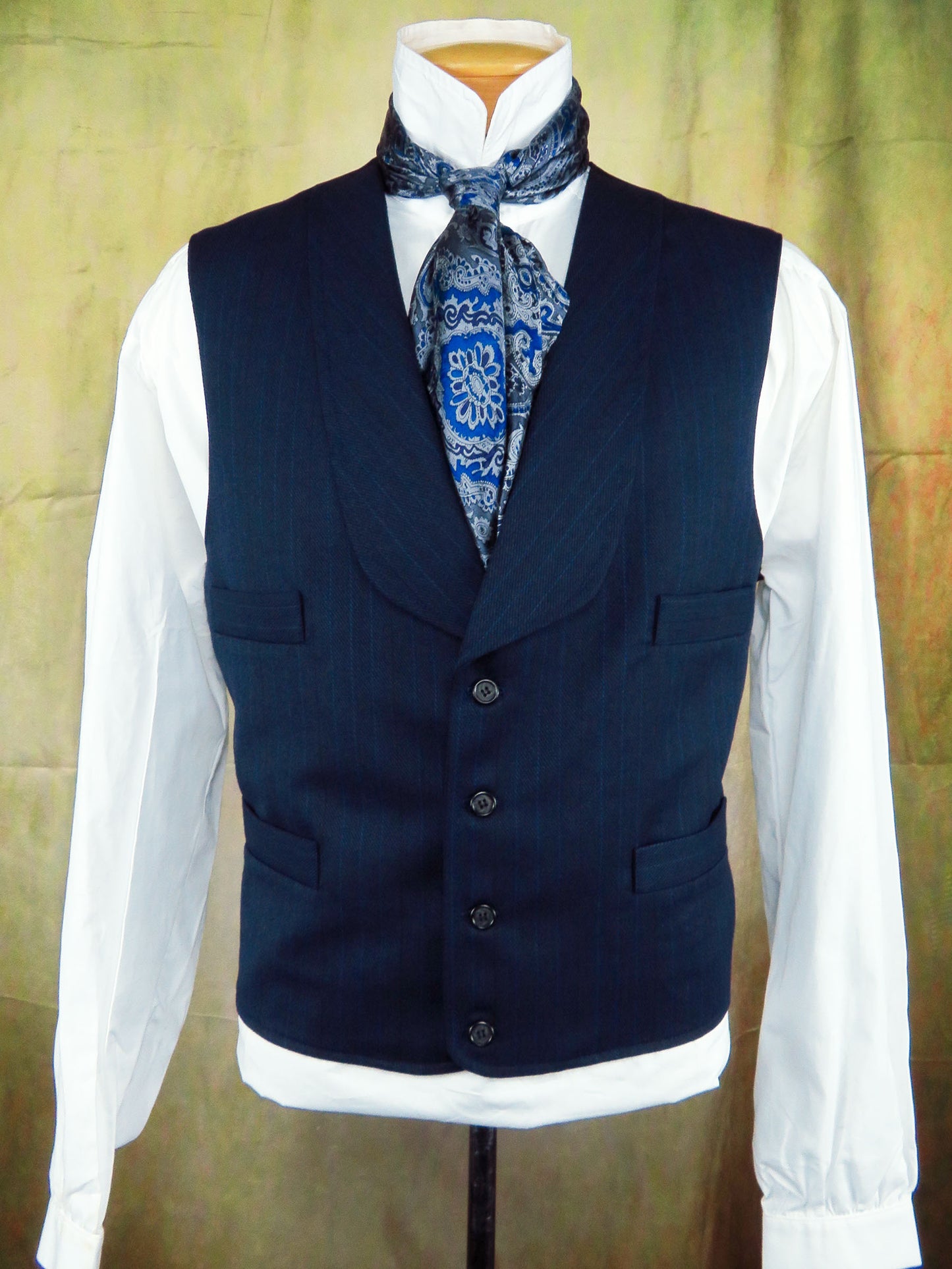 Men's Shawl Vest - Dark Blue with Cobalt Pencil Stripes #148B