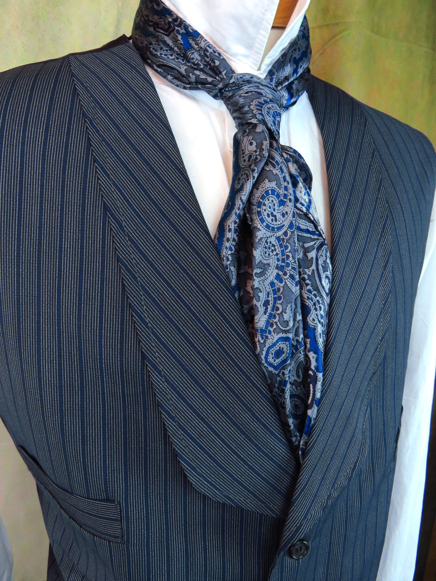 Men's Shawl Vest - Blue with Cream Mini Pencil Stripe #706