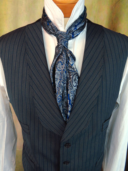 Men's Shawl Vest - Blue with Cream Mini Pencil Stripe #706