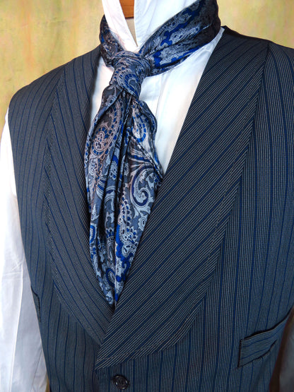Men's Shawl Vest - Blue with Cream Mini Pencil Stripe #706