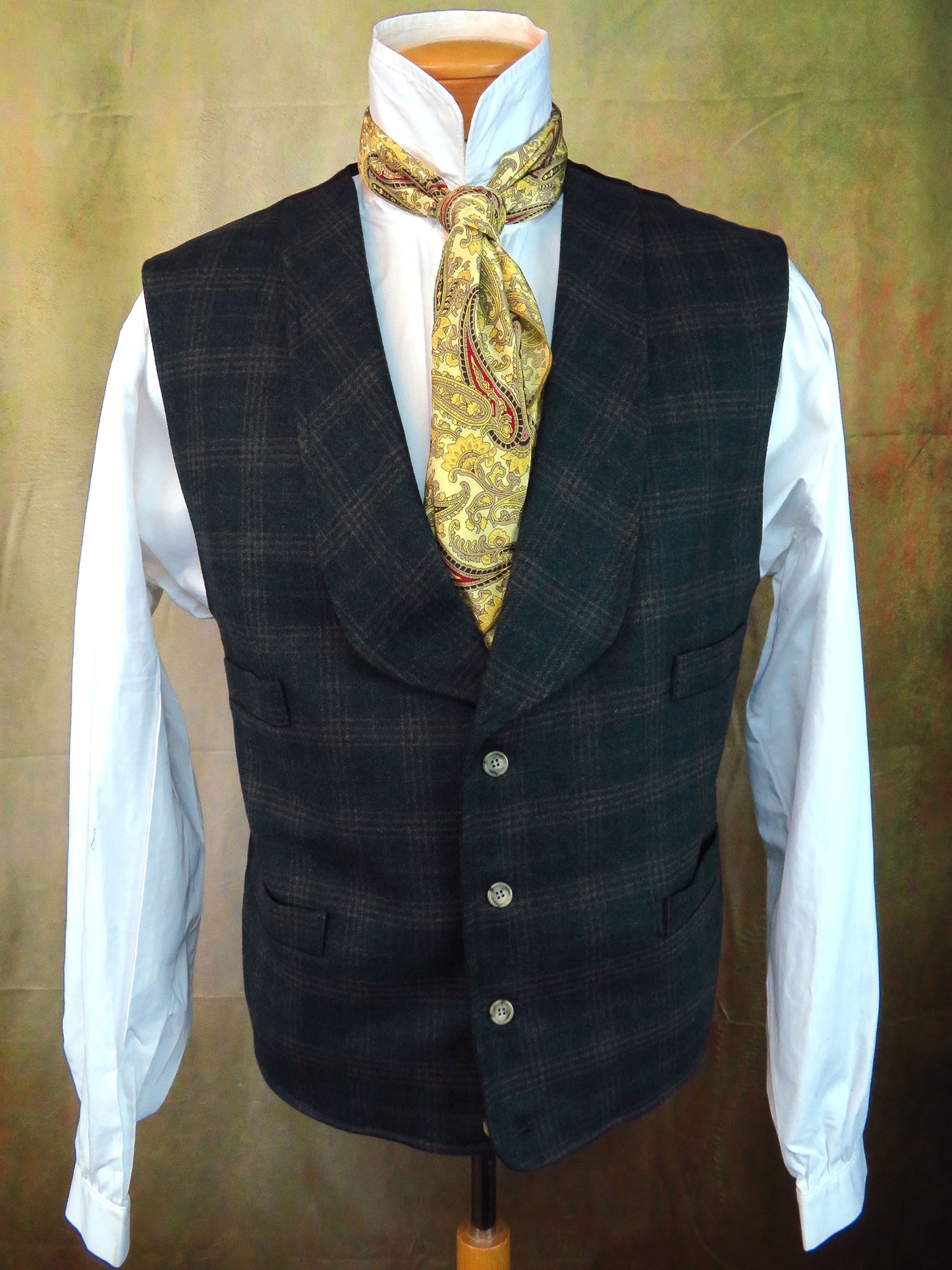 Men's Shawl Vest - Juniper Green with Brown Glen Plaid #181-B