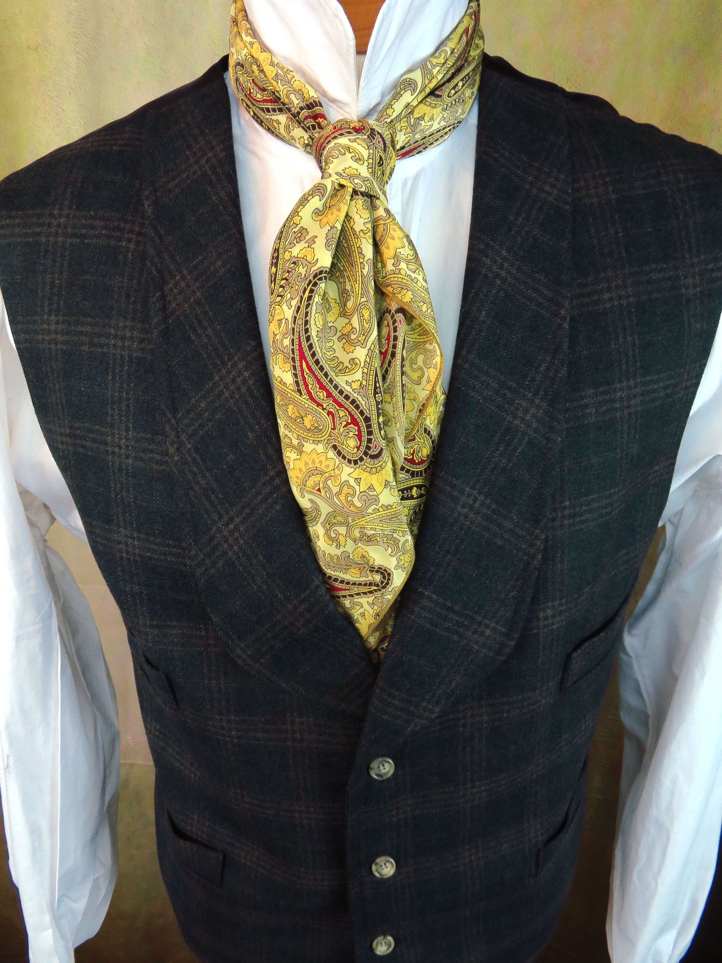 Men's Shawl Vest - Juniper Green with Brown Glen Plaid #181-B