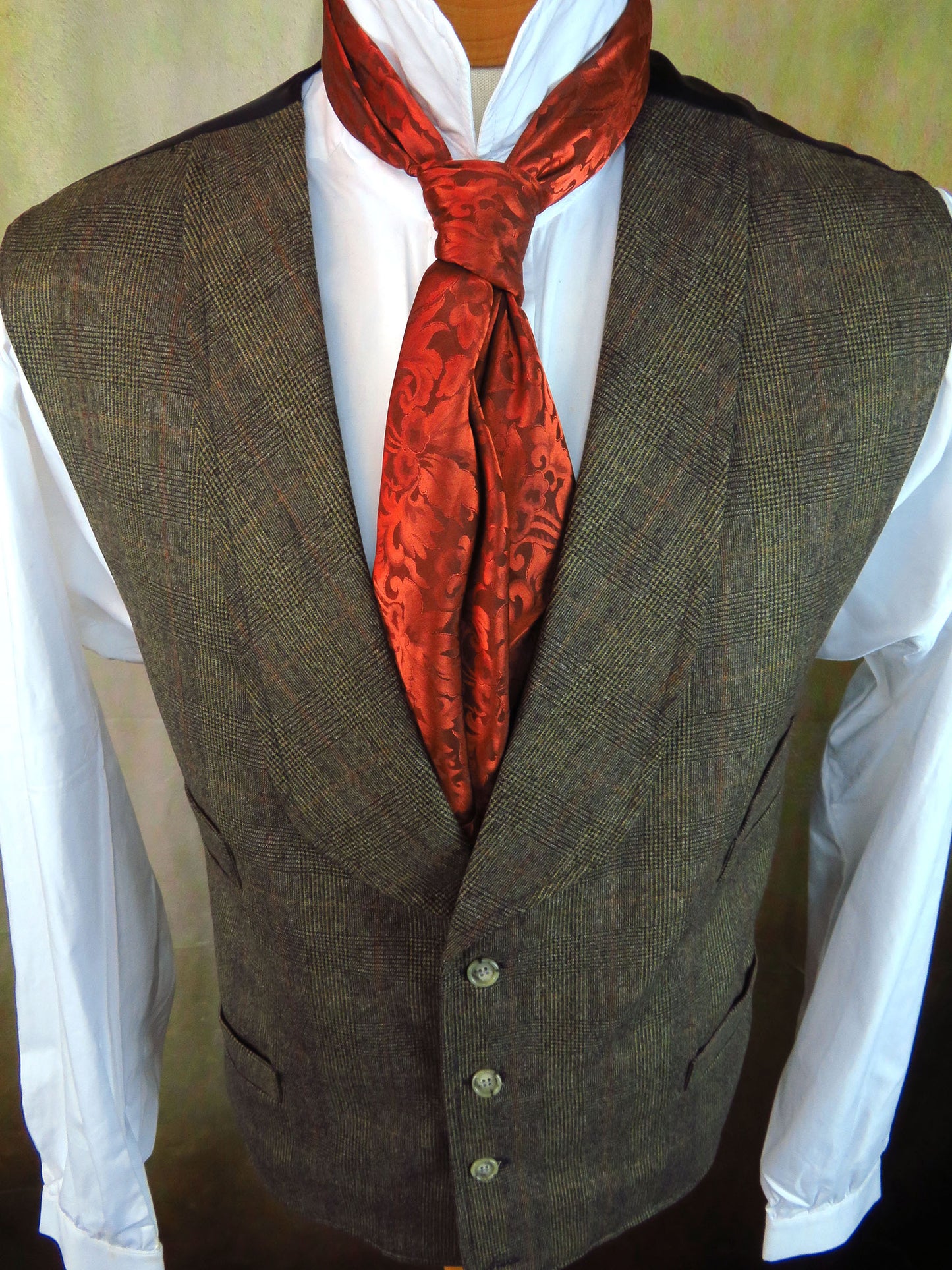 Men's Shawl Vest - Peppercorn Glen Plaid With Copper Accent