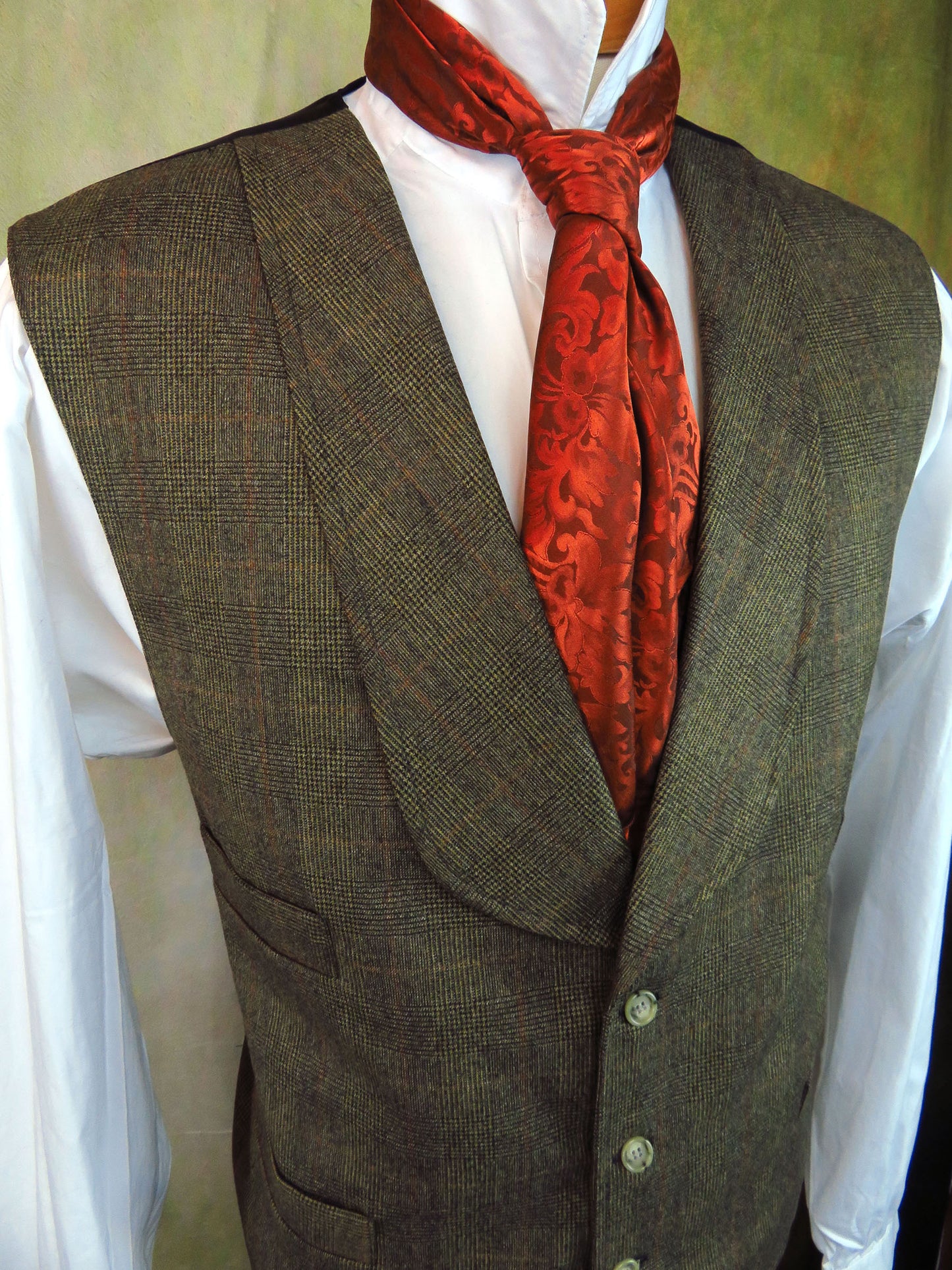 Men's Shawl Vest - Peppercorn Glen Plaid With Copper Accent