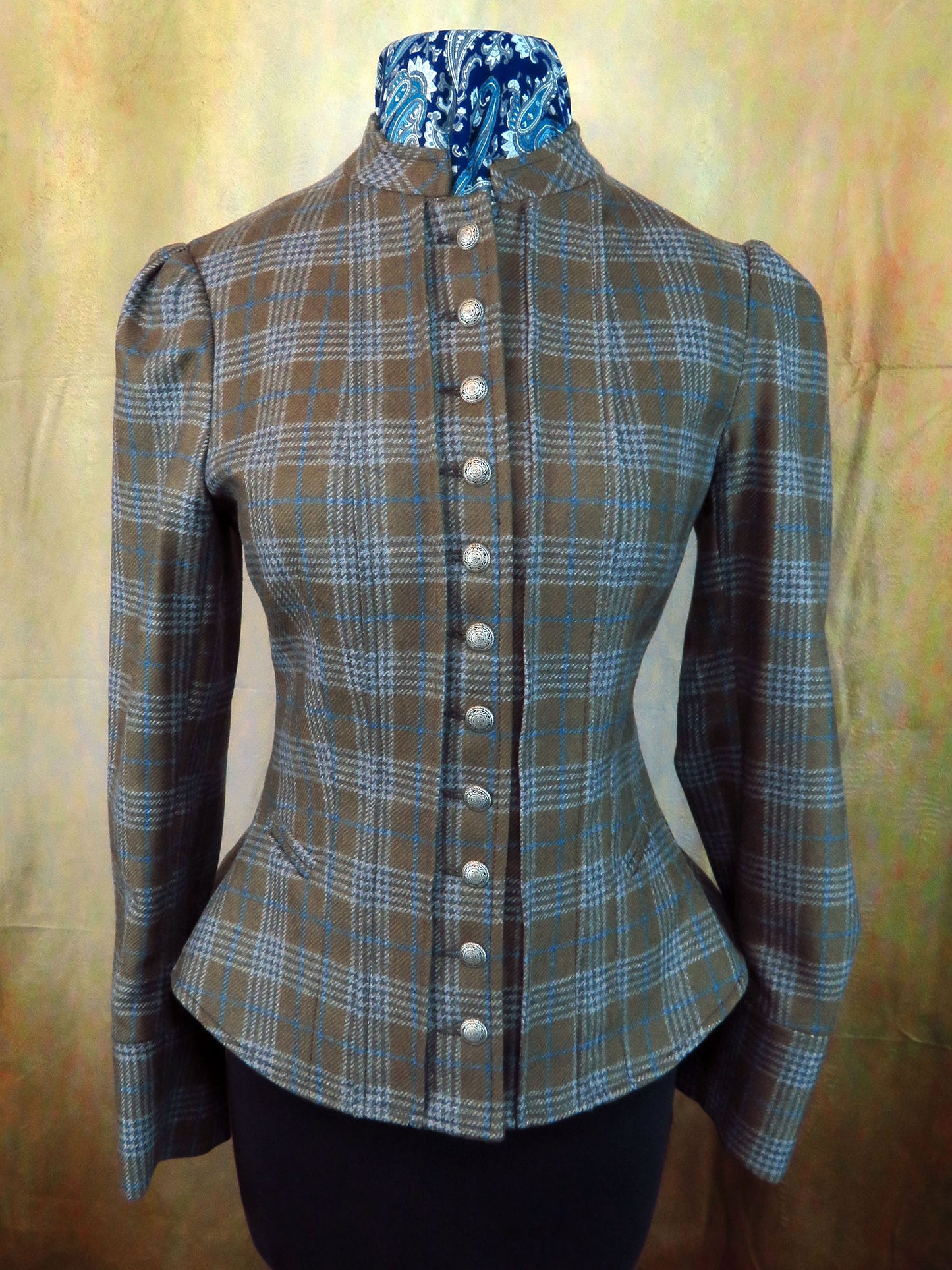 Women's Victoriana Jacket - Olive Glen Plaid with Powder Blue Accents #971-B