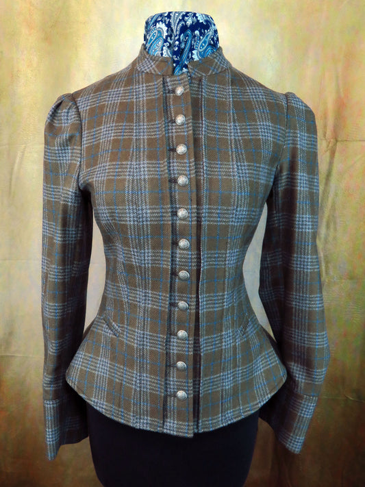 Women's Victoriana Jacket - Olive Glen Plaid with Powder Blue Accents #971-B