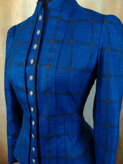 Women's Victoriana Jacket - Cobalt Blue and Dark Windowpane Linen Wool Blend #990-B