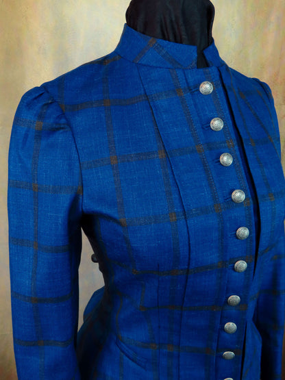 Women's Victoriana Jacket - Cobalt Blue and Dark Windowpane Linen Wool Blend #990-B