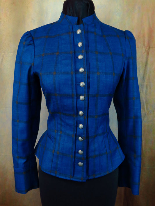 Women's Victoriana Jacket - Cobalt Blue and Dark Windowpane Linen Wool Blend #990-B