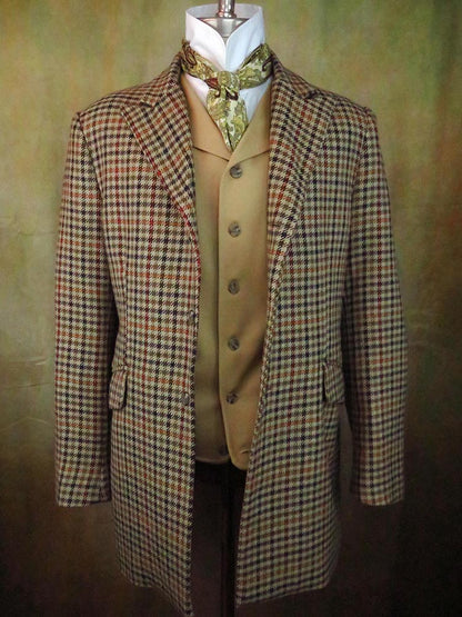 Men's Town Coat - Tan, Brown, Orange and Red Check Houndstooth