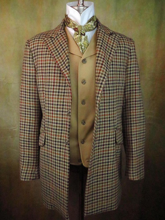 Men's Town Coat - Tan, Brown, Orange and Red Check Houndstooth