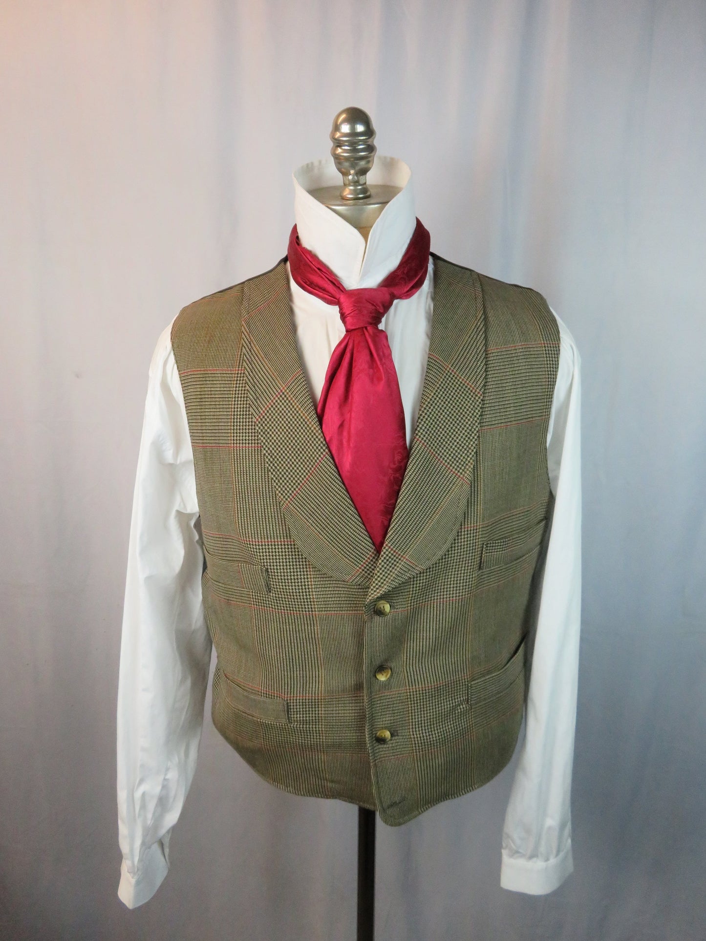 Men's Shawl Vest - Brown Mini Check Houndstooth with Red and Bronze Windowpane 11280