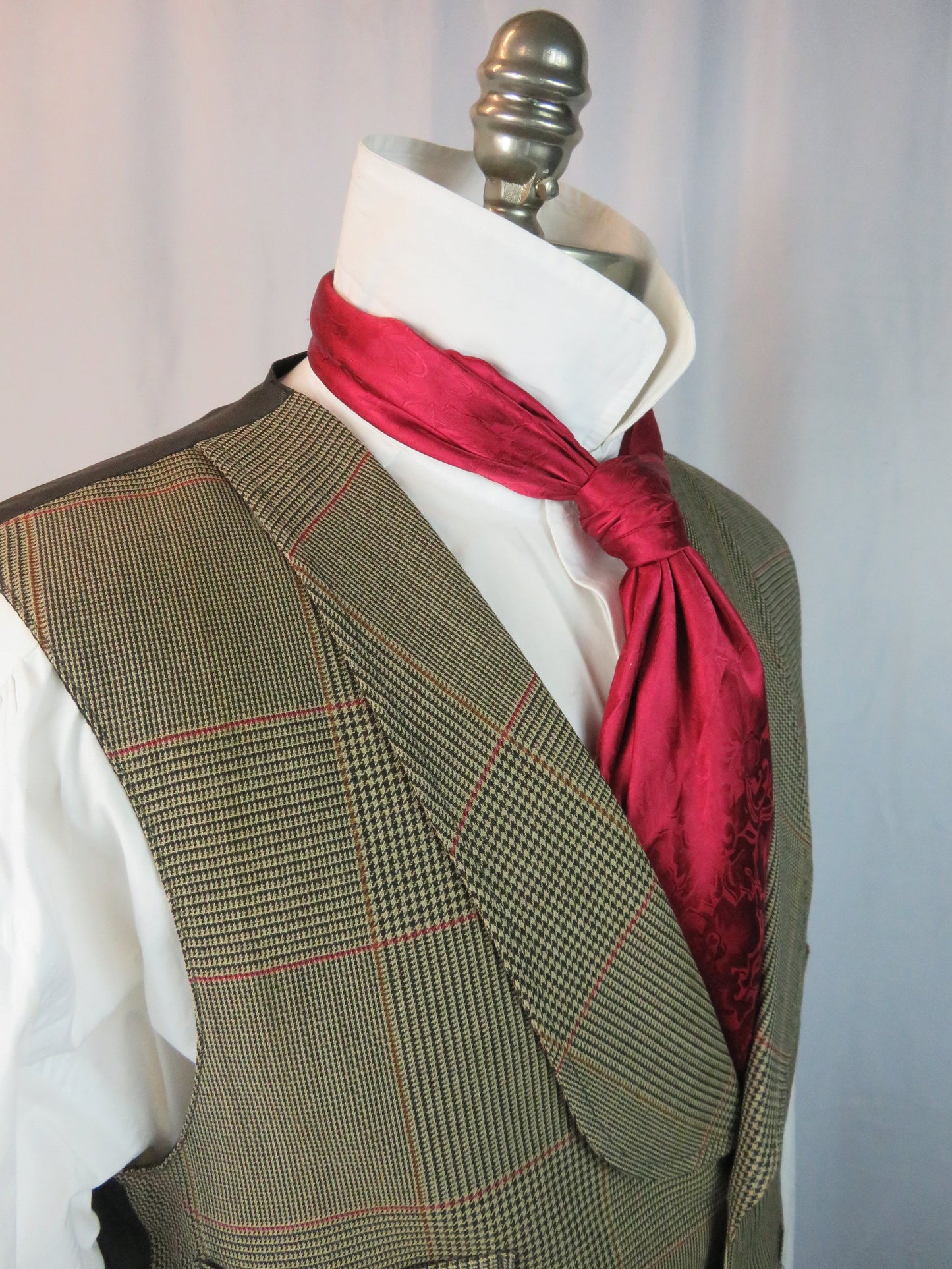 Men's Shawl Vest - Brown Mini Check Houndstooth with Red and Bronze Windowpane 11280