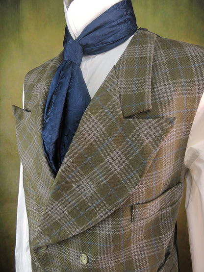 Men's Double Breasted Vest - Olive Glen Plaid with Powder Blue Accents #971-B